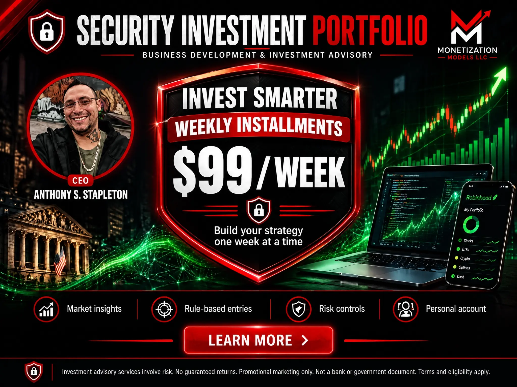 Security Investment Portfolio campaign creative showing market insights, risk controls and weekly installment promotion